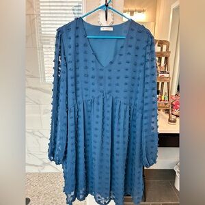 Blue Textured V-Neck Dress
